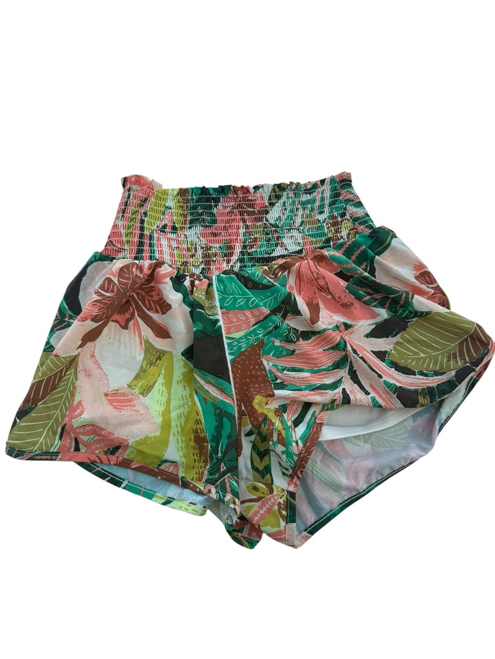 Offline By Aerie. Tropical Print High-Waist Women’s Shorts - Coral & Green - Picture 3 of 5
